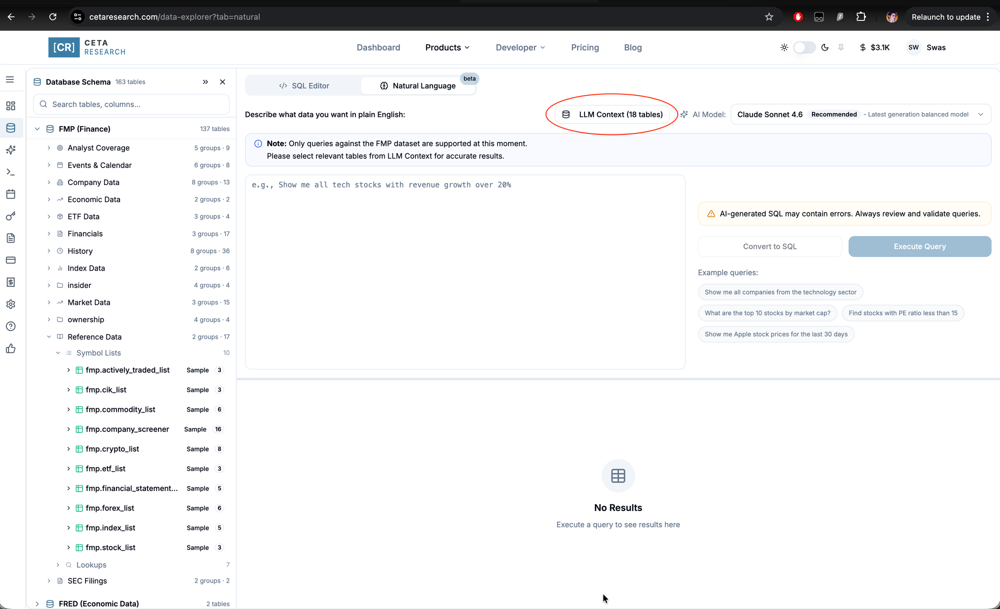 Click the LLM Context button on the Natural Language tab