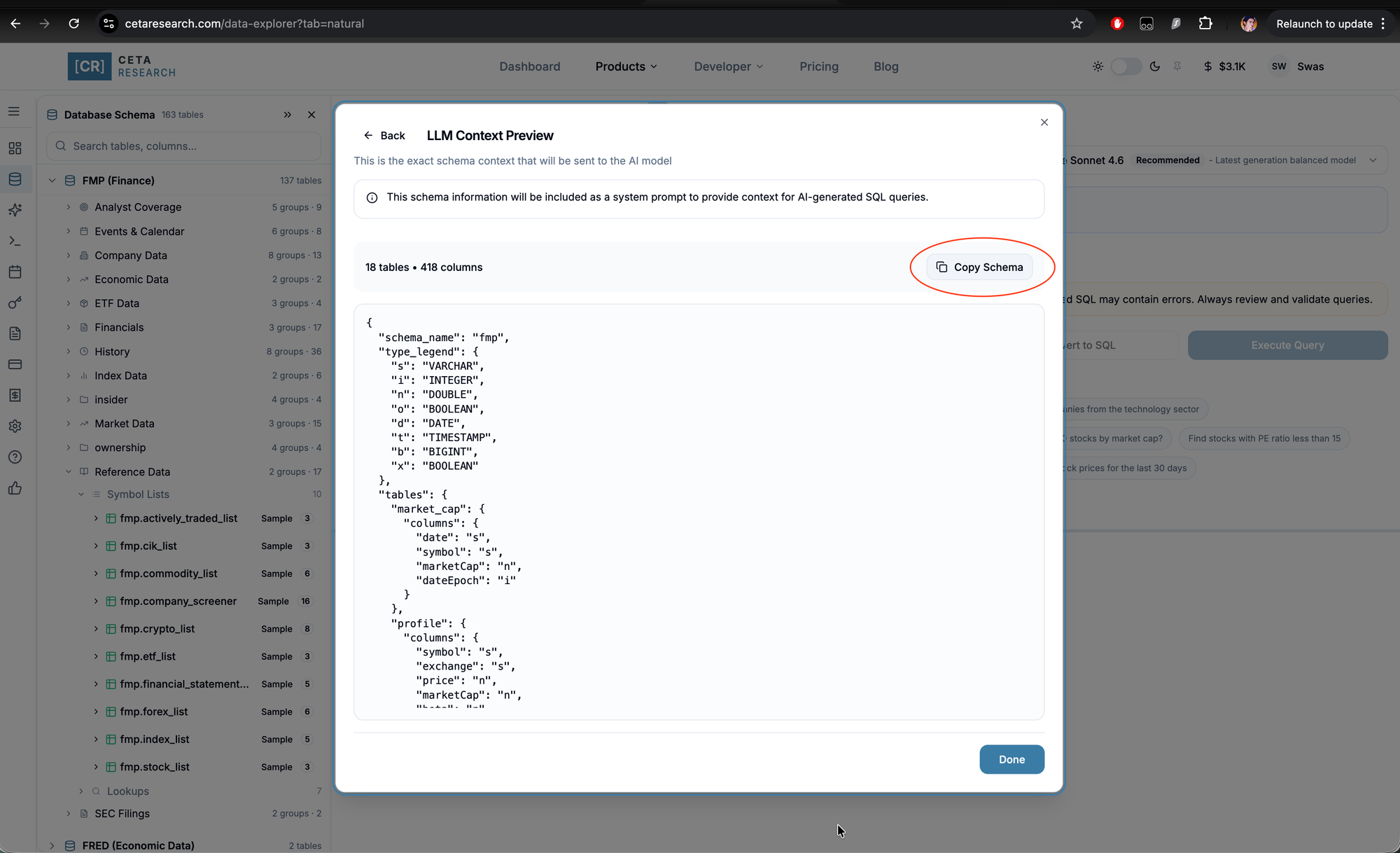 Click Preview Schema, then Copy Schema